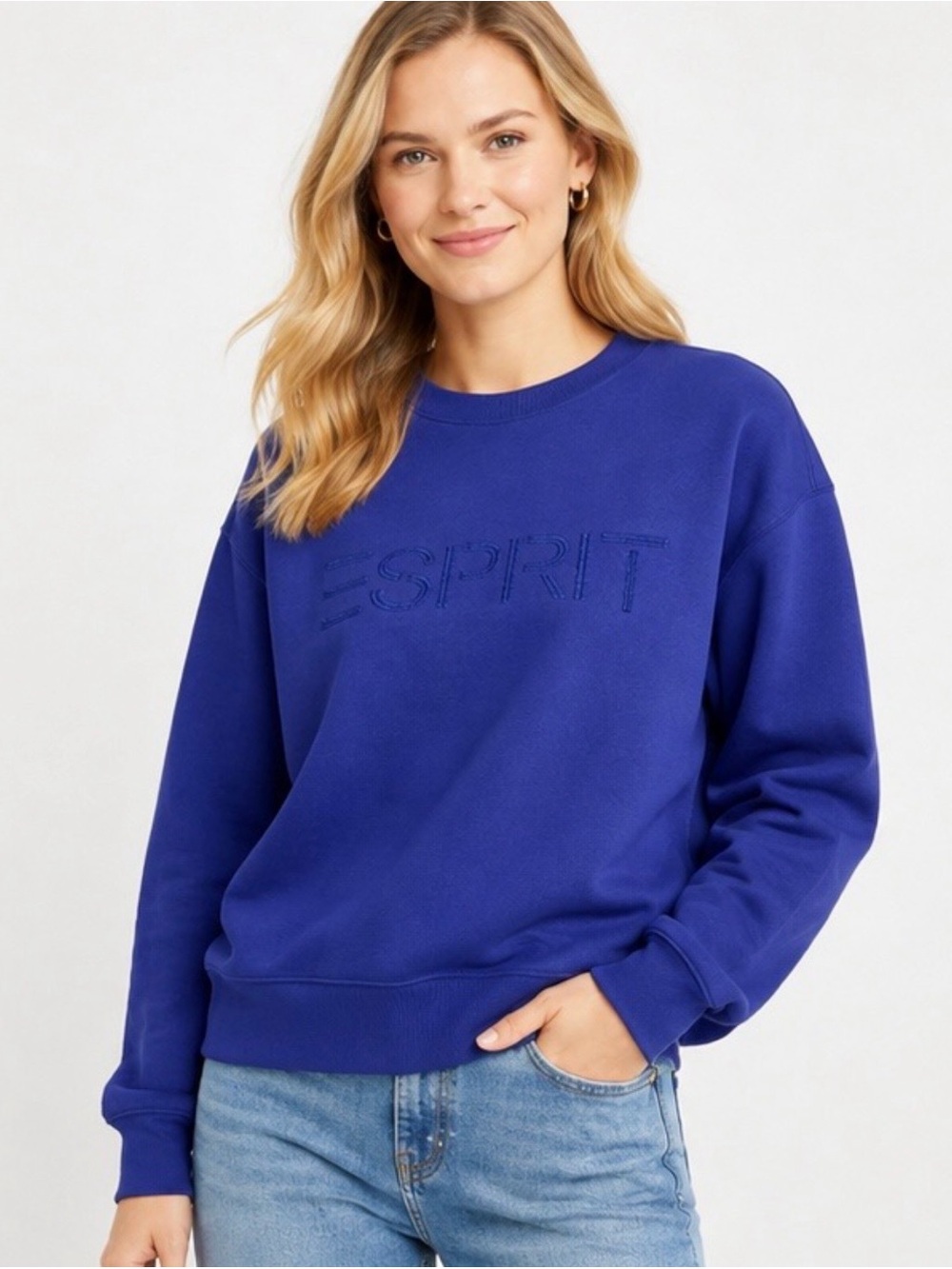 Esprit Bold Royal Blue Embossed Logo Crewneck Sweatshirt size Small S NWT